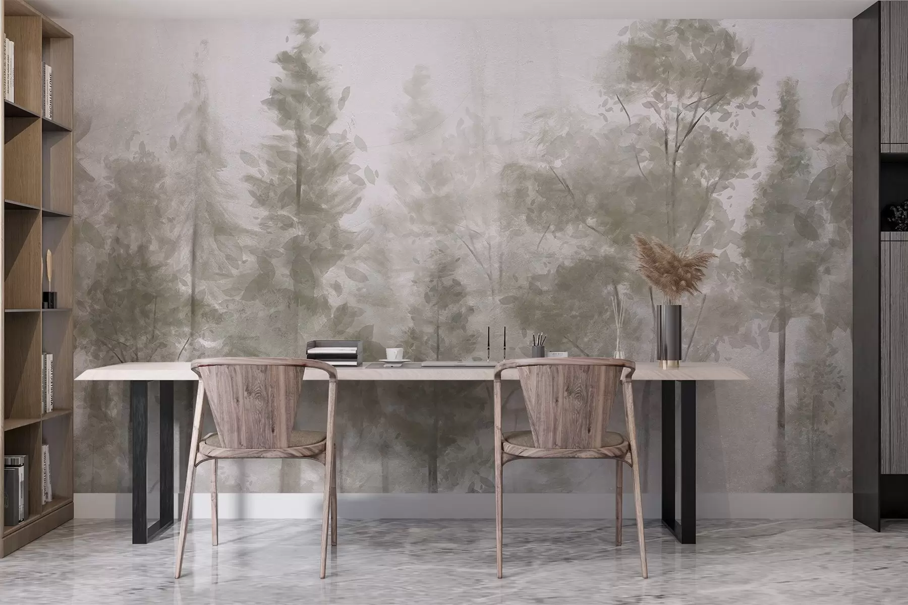 Fotobehang Hoge dennenbomen in een mistig bos, met een mistige, wazige sfeer w08411