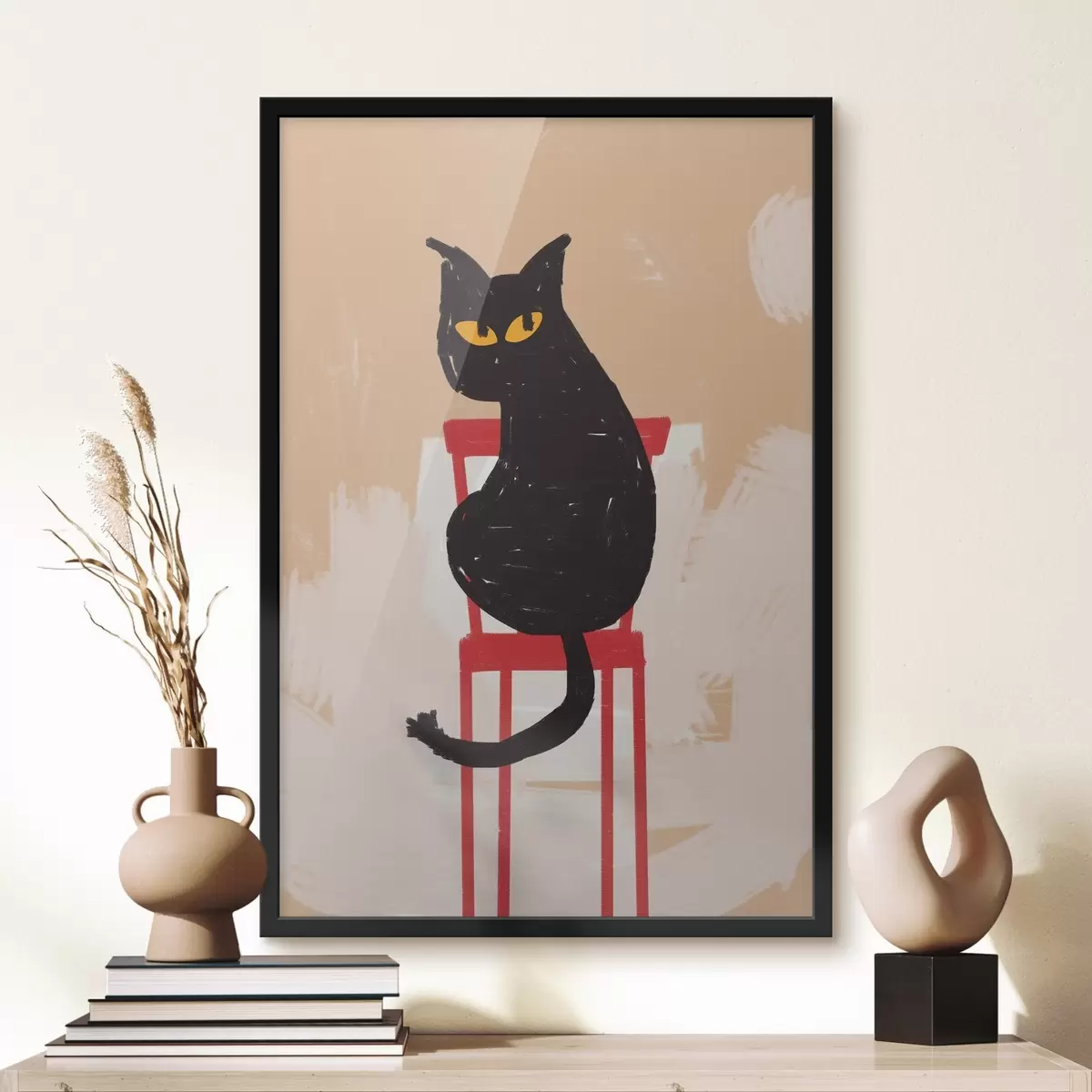 Affiche Chat noir assis sur une chaise rouge sur fond beige, traits grossiers, imitation de peinture f41612