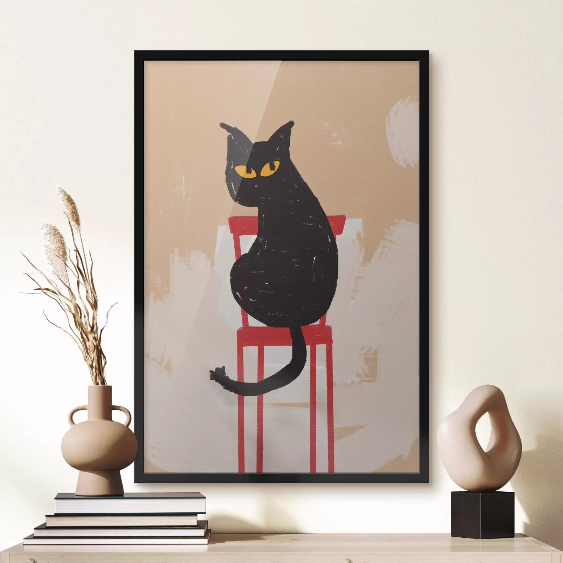 Fotobehang Zwarte kat zittend op rode stoel op beige achtergrond, grove streken, imitatie van schilderij f41612