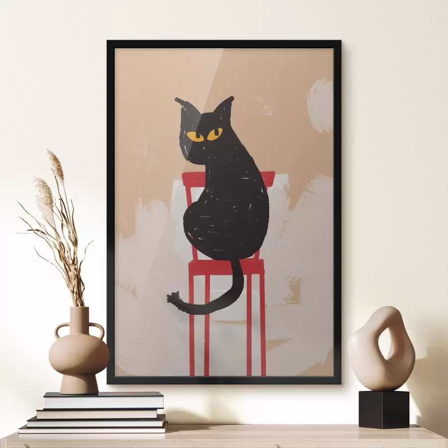 Papier peint photo Chat noir assis sur une chaise rouge sur fond beige, traits grossiers, imitation de peinture f41612