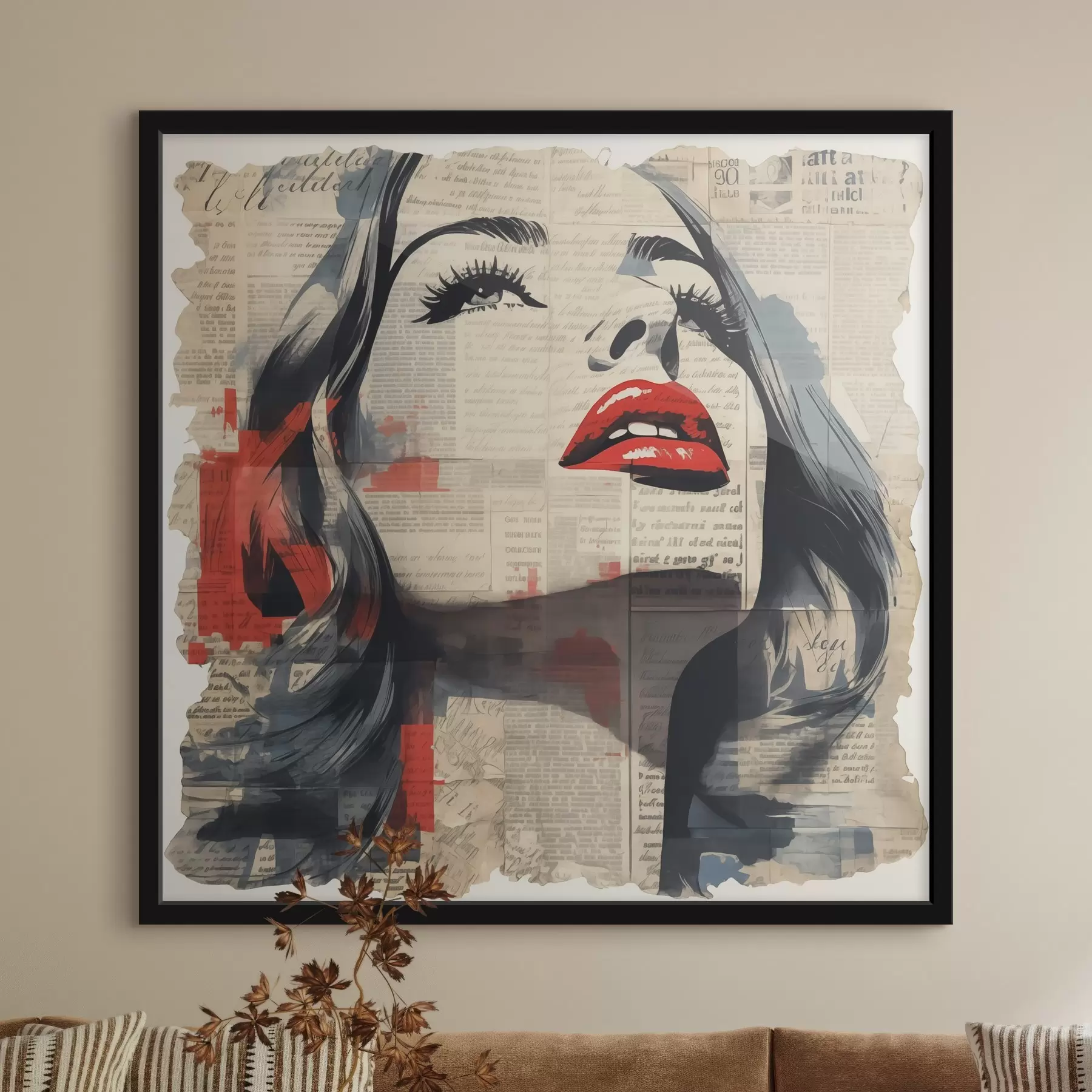  Peintures Portrait d'une fille sur un vieux journal en style collage f41619