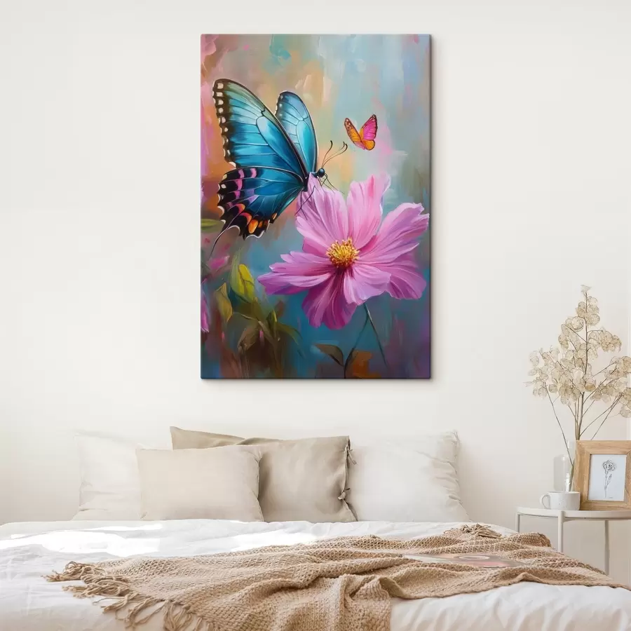  Schilderijen vlinder en grote roze bloem s41620