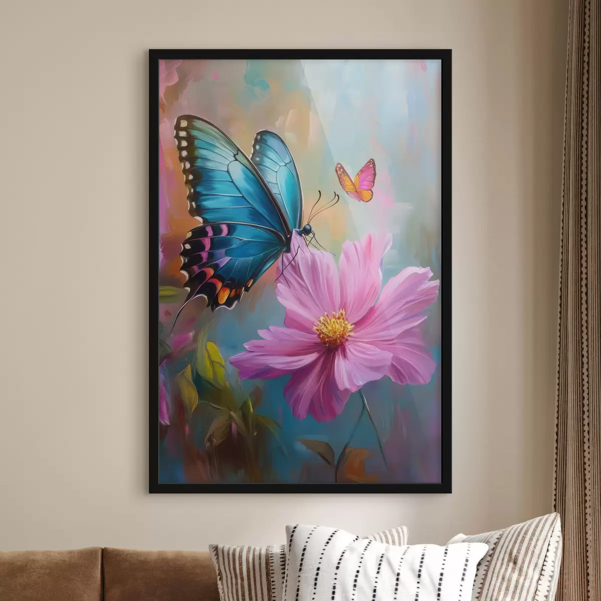Affiche papillon et grande fleur rose f41620