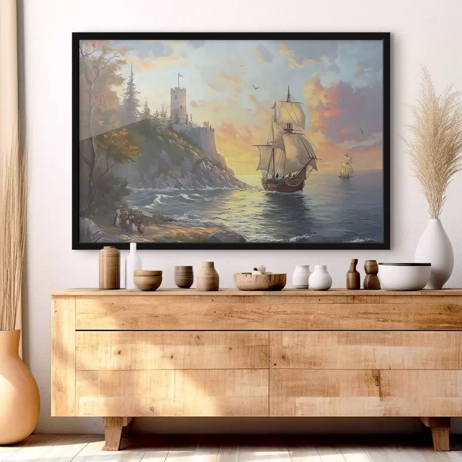 Fotobehang schip bij de kust bij zonsopgang f41626