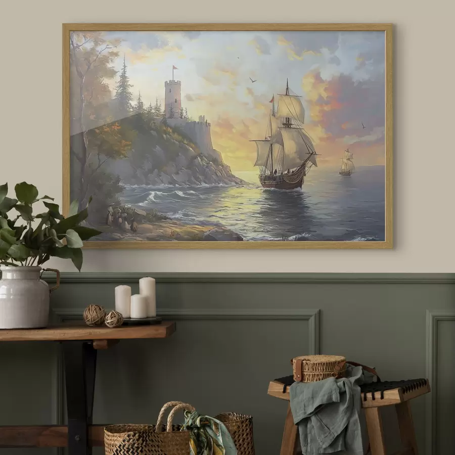 Fotobehang schip bij de kust bij zonsopgang f41626