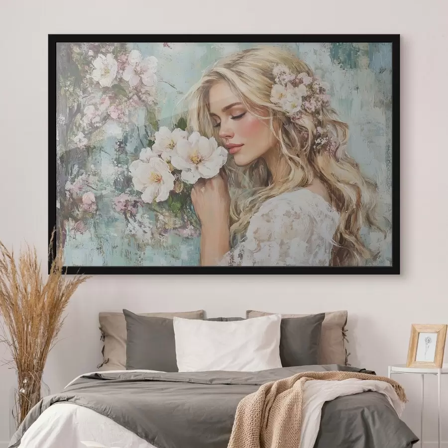 Fotobehang meisje bij bloemen met olieverf f41632