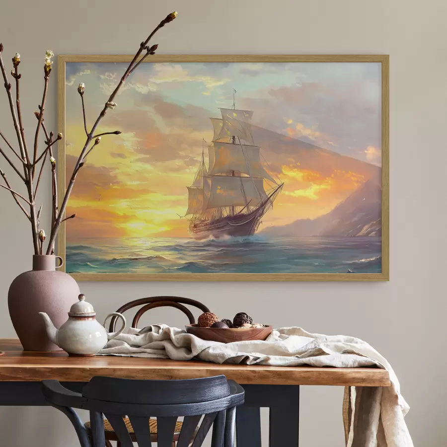 Fotobehang schip op zee bij dageraad f41633