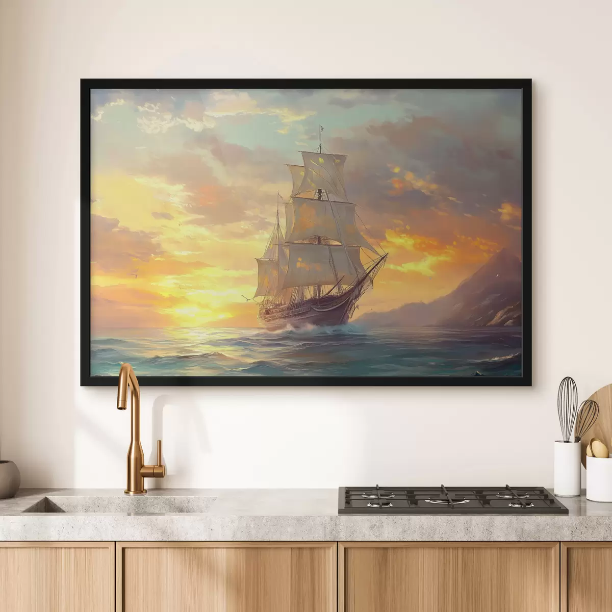 Poster schip op zee bij dageraad f41633