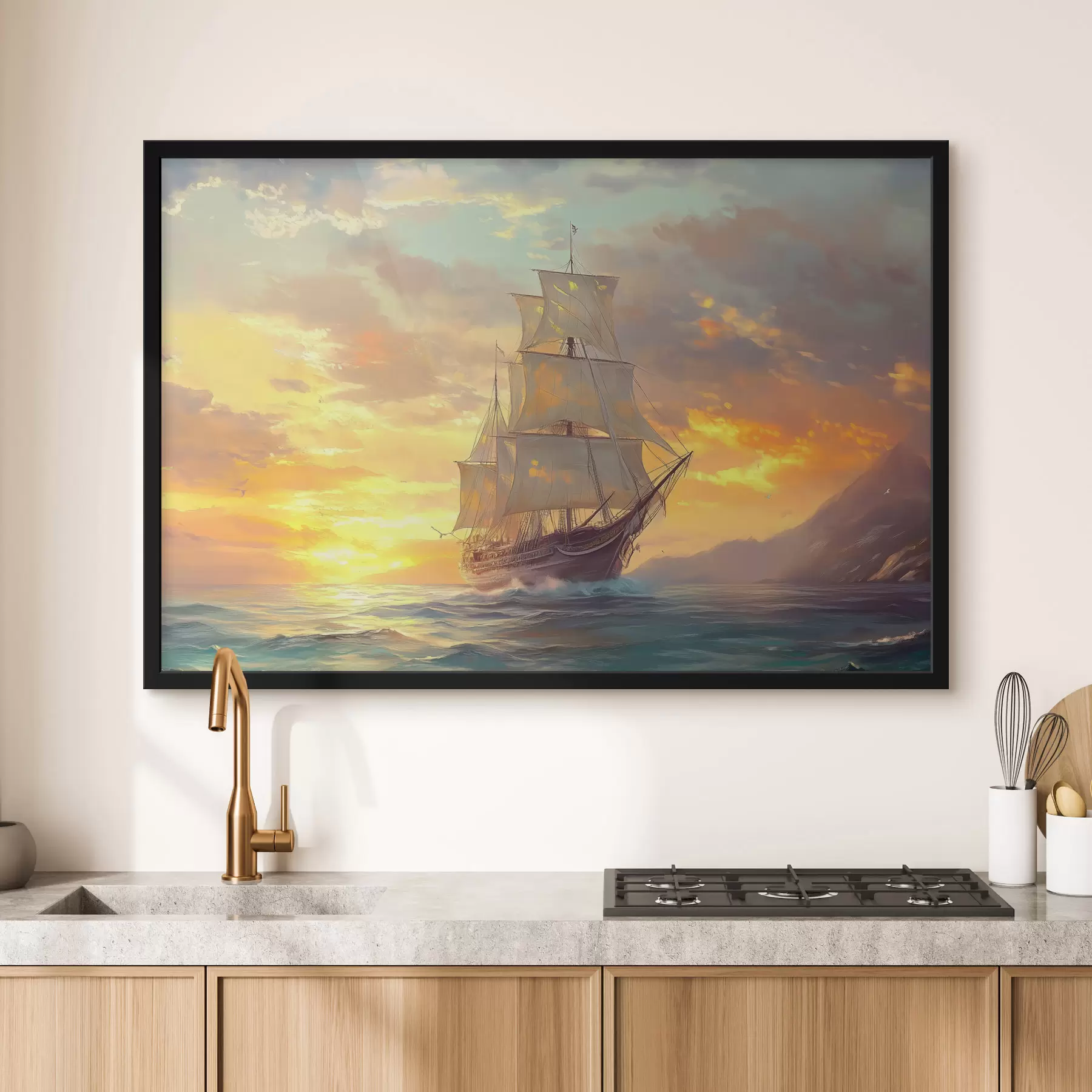 Fotobehang schip op zee bij dageraad f41633