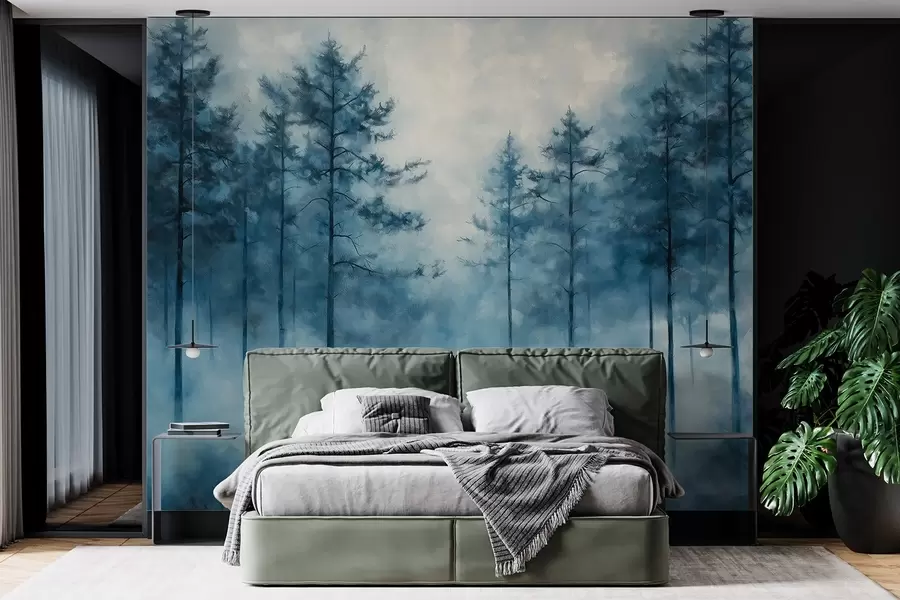 Papier peint photo Forêt mystique, pins, brouillard, peinture acrylique, couleurs bleues profondes w02149