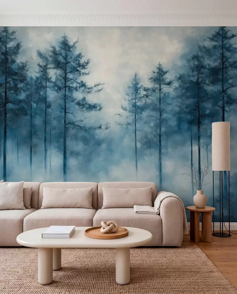 Fotobehang Mystiek bos, pijnbomen, mist, acrylverf, diepblauwe kleuren w02149
