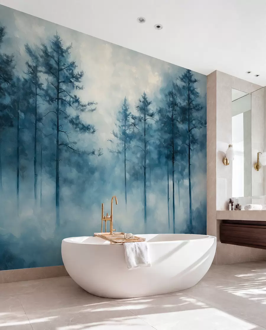 Fotobehang Mystiek bos, pijnbomen, mist, acrylverf, diepblauwe kleuren w02149