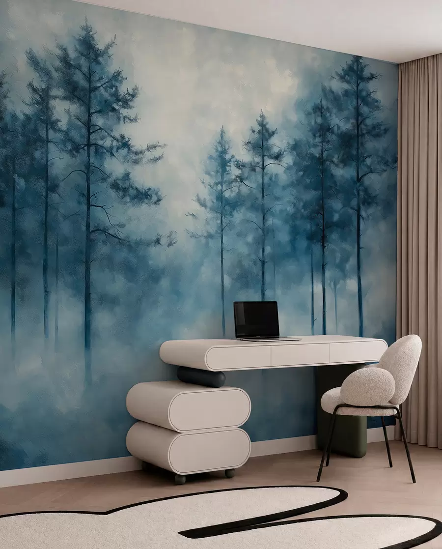 Fotobehang Mystiek bos, pijnbomen, mist, acrylverf, diepblauwe kleuren w02149