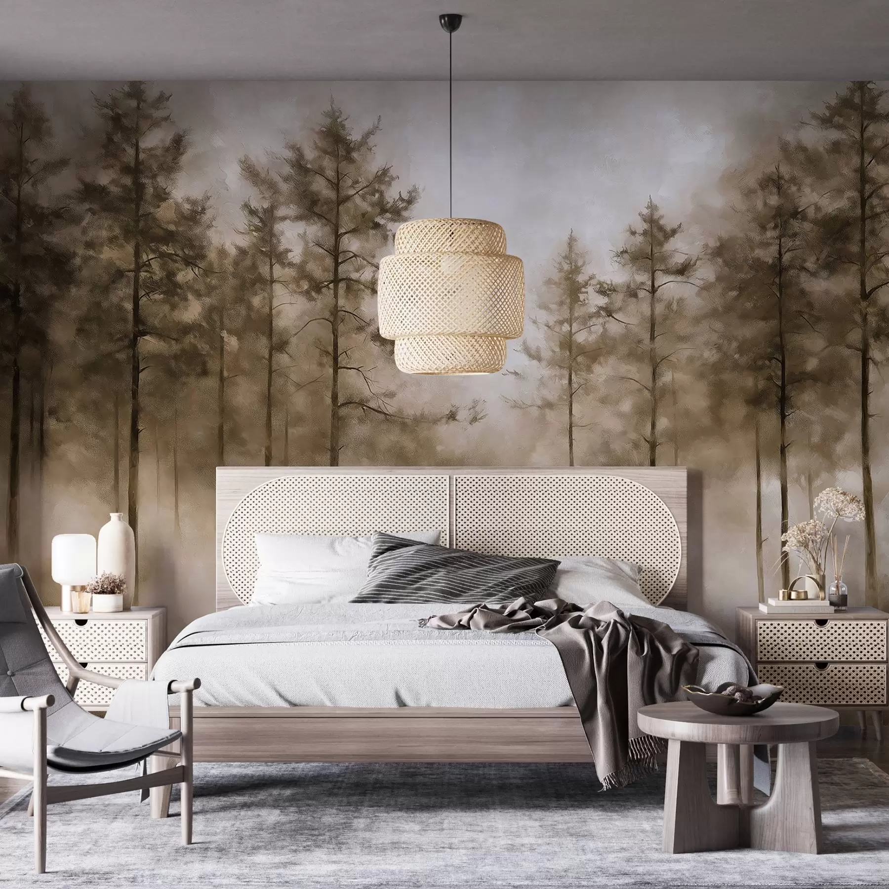 Fotobehang Mystiek bos, dennenbomen, mist, acrylverf, beige kleuren w02149v1