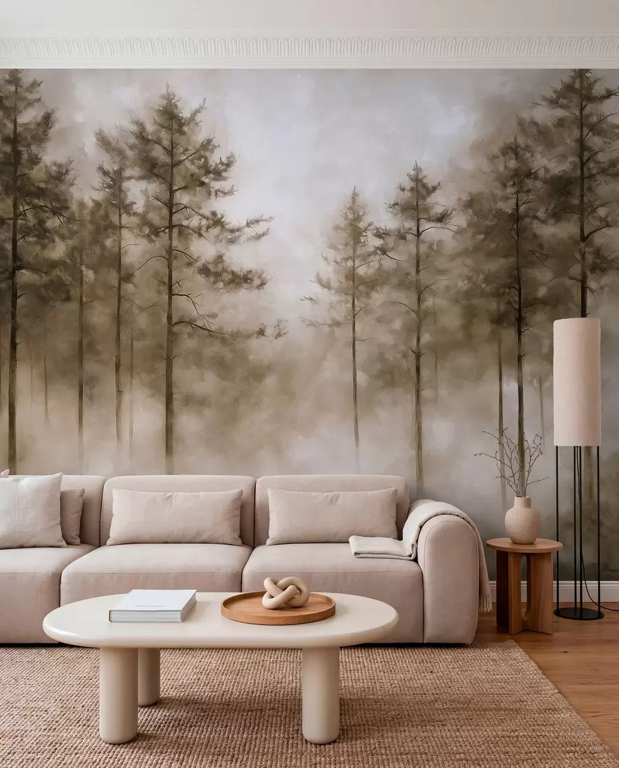 Fotobehang Mystiek bos, dennenbomen, mist, acrylverf, beige kleuren w02149v1
