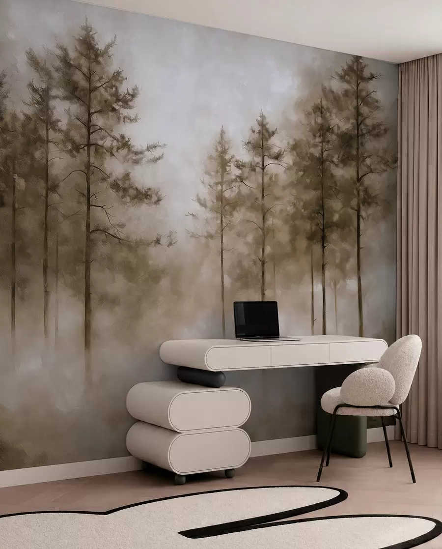 Fotobehang Mystiek bos, dennenbomen, mist, acrylverf, beige kleuren w02149v1