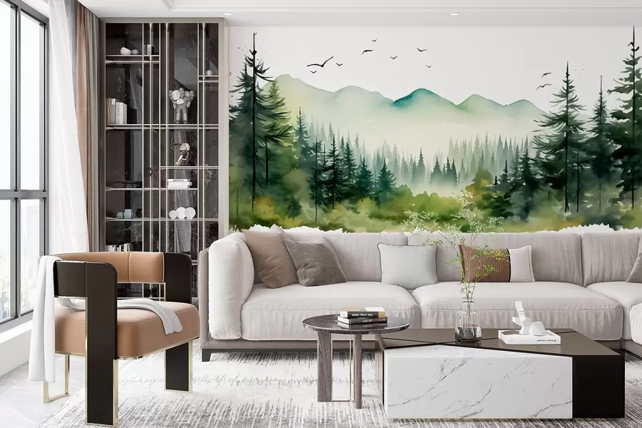 Fotobehang Aquarel bos- en berglandschappen, groen kleurenpalet w02150