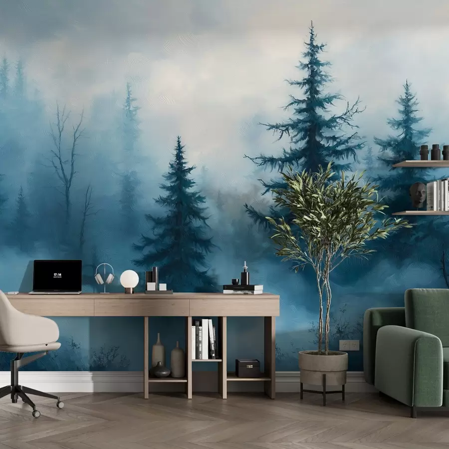 Fotobehang Donkerblauw bos, olieverfschilderij, penseelstreken, natuur w02153