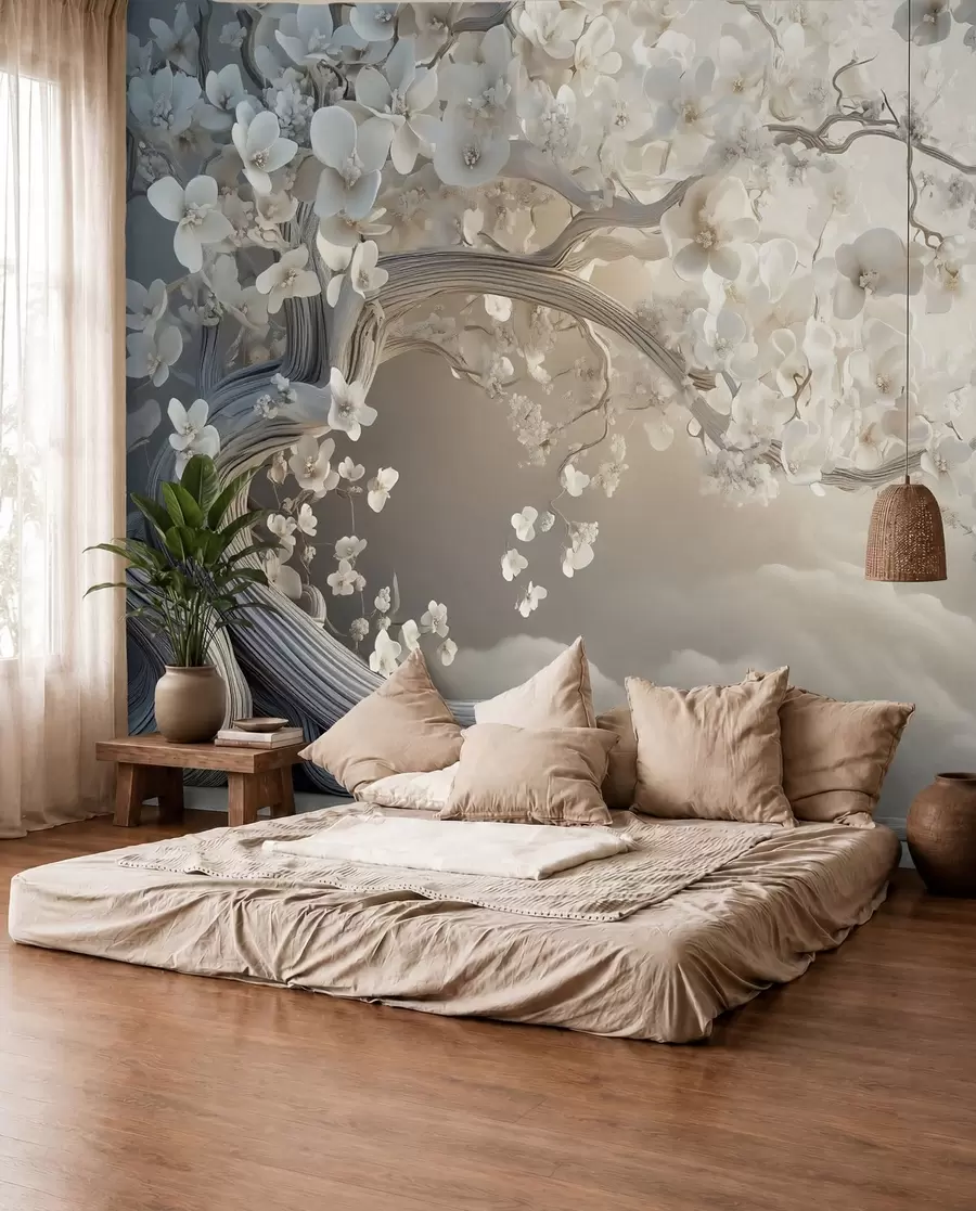 Fotobehang Een charmante boom met witte bloemen tegen de achtergrond van wolken in een interessante stijl in delicate warme kleuren w02133