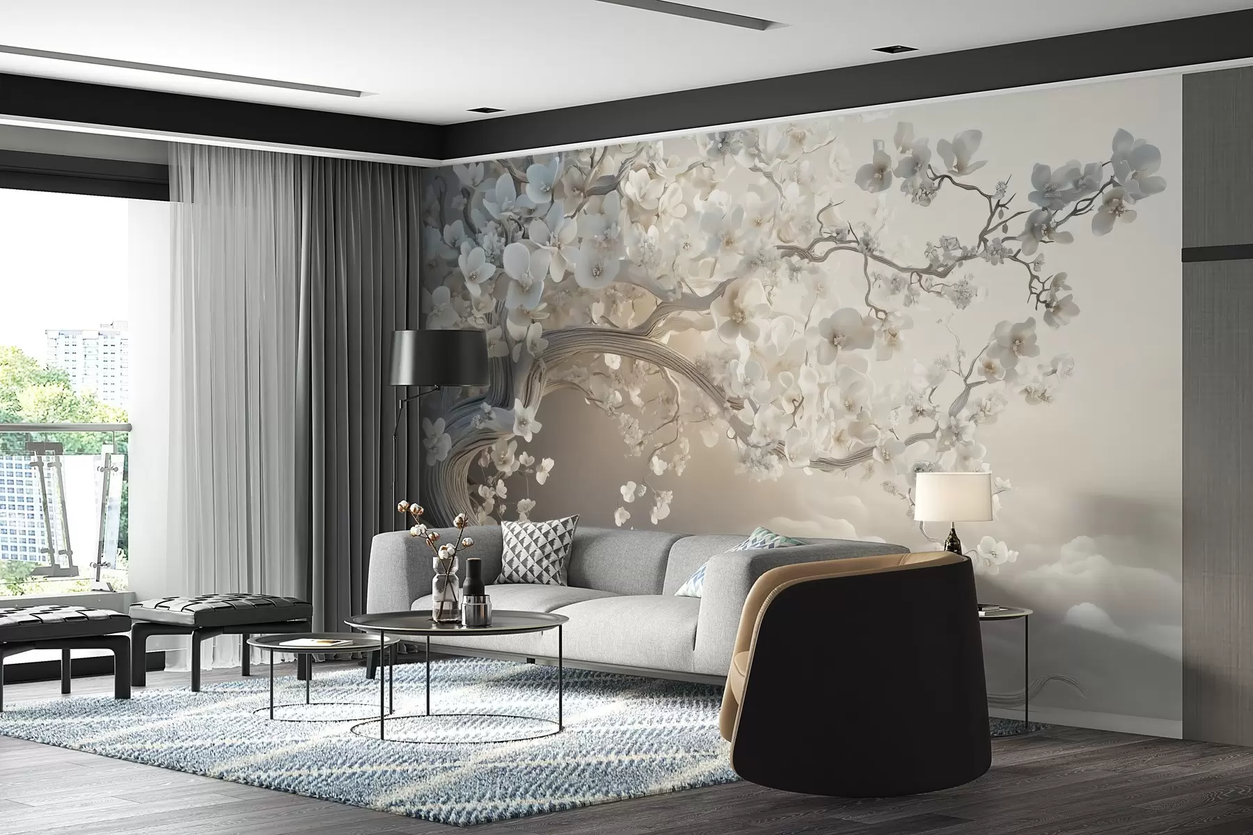 Fotobehang Een charmante boom met witte bloemen tegen de achtergrond van wolken in een interessante stijl in delicate warme kleuren w02133