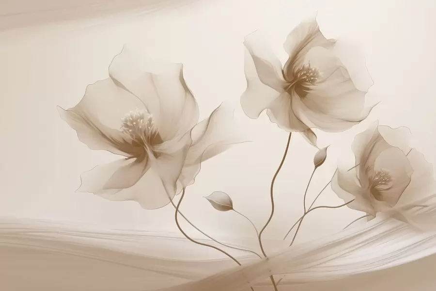Fotobehang Drie sierlijke bloemen met doorschijnende bloemblaadjes, verweven met linten van licht en wind in beige tinten w01932