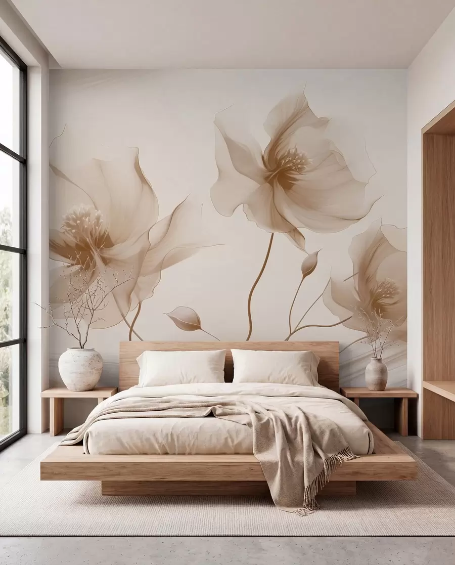 Fotobehang Drie sierlijke bloemen met doorschijnende bloemblaadjes, verweven met linten van licht en wind in beige tinten w01932