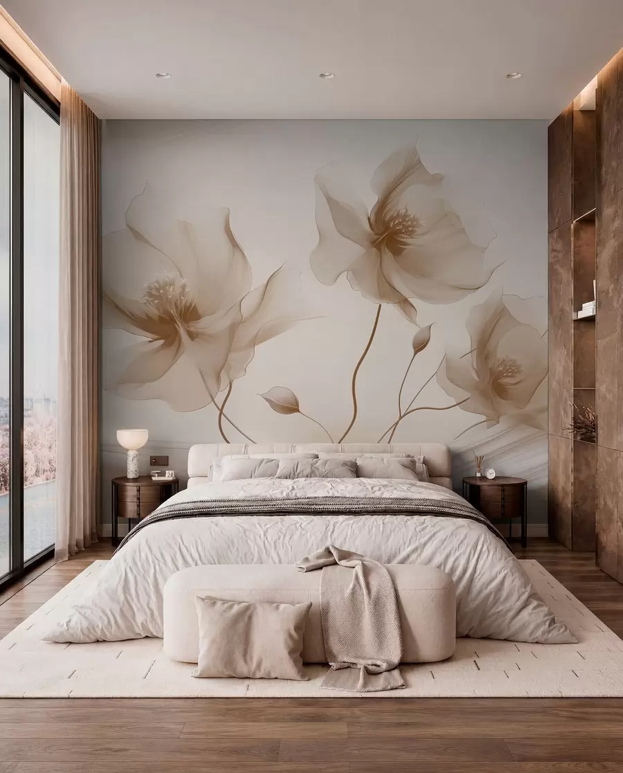 Fotobehang Drie sierlijke bloemen met doorschijnende bloemblaadjes, verweven met linten van licht en wind in beige tinten w01932
