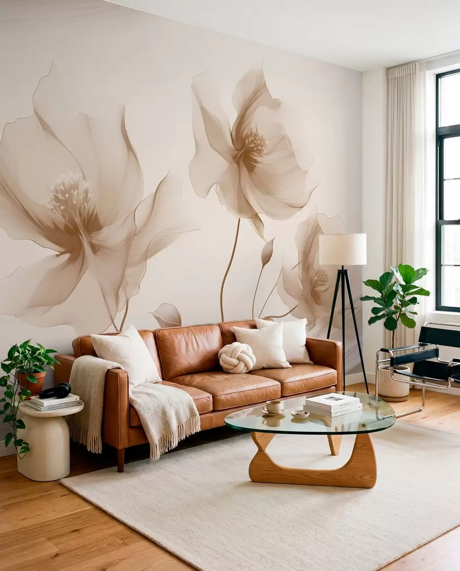Fotobehang Drie sierlijke bloemen met doorschijnende bloemblaadjes, verweven met linten van licht en wind in beige tinten w01932