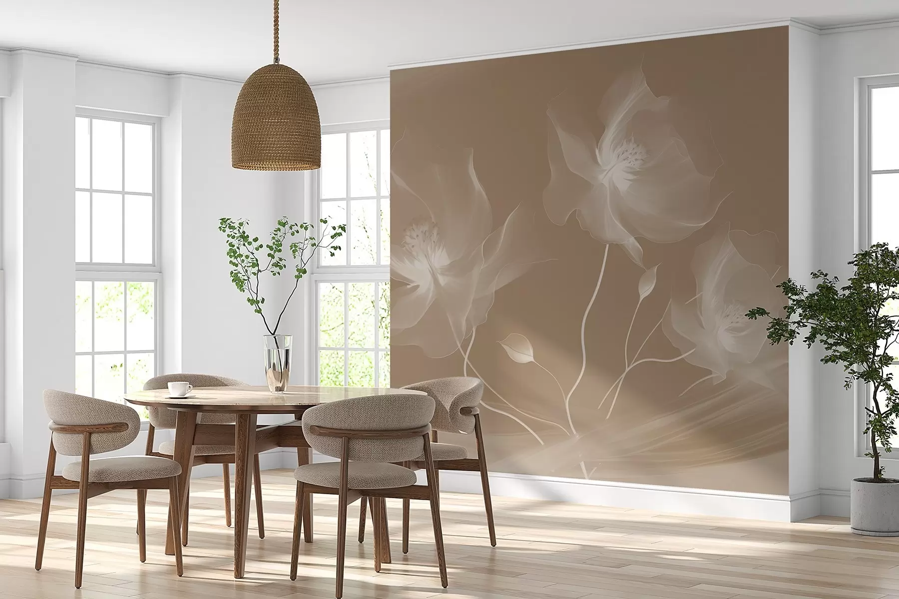 Papier peint photo Trois fleurs gracieuses aux pétales translucides, entrelacées de rubans de lumière et de vent en sépia w01932v1