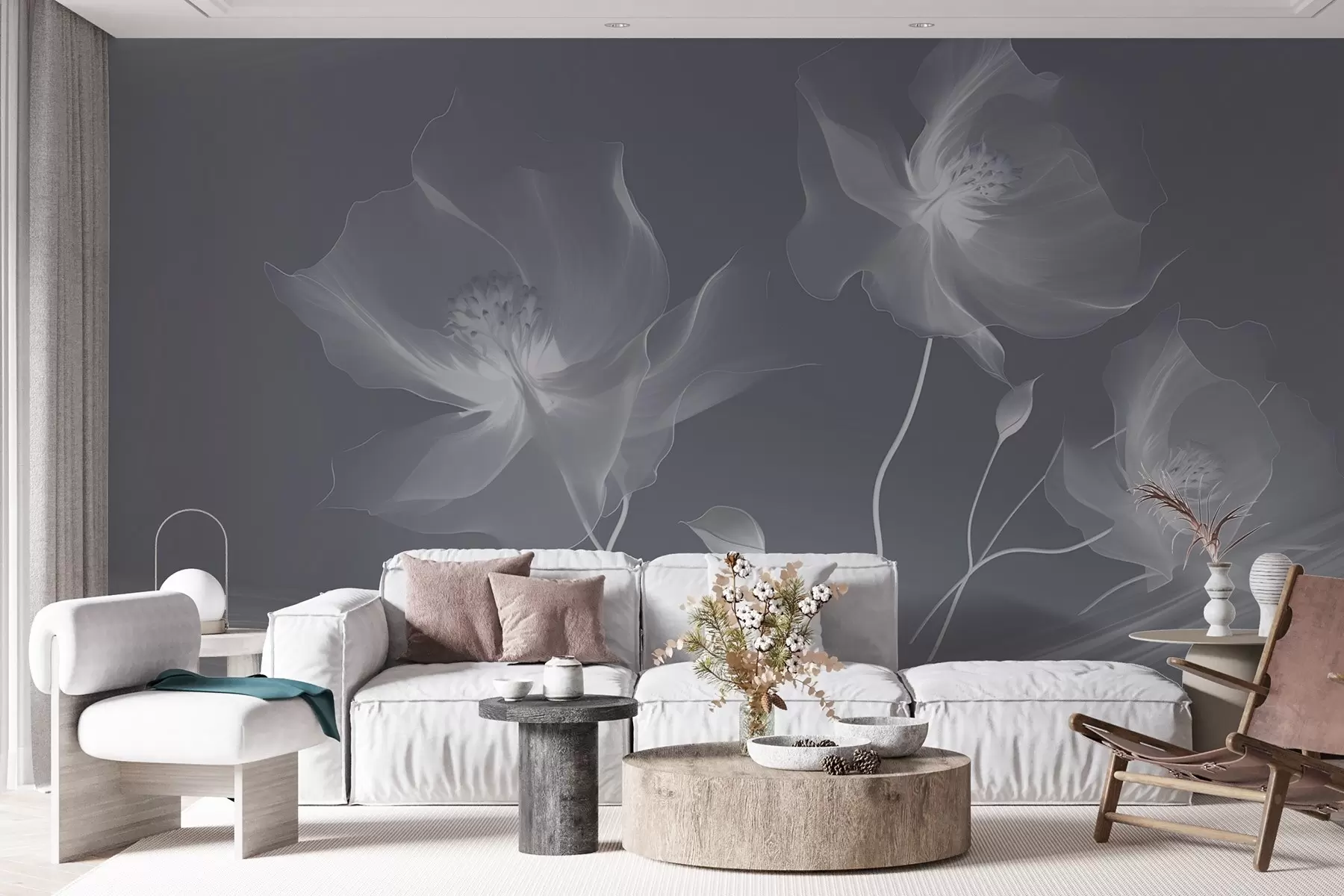 Papier peint photo Trois fleurs gracieuses aux pétales translucides, entrelacées de rubans de lumière et de vent dans les tons bleus w01932v2