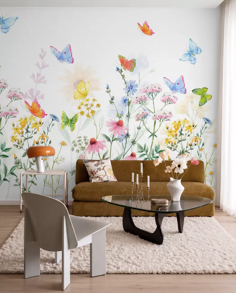 Fotobehang Kleurrijke bloemen en planten en vlinders w02238
