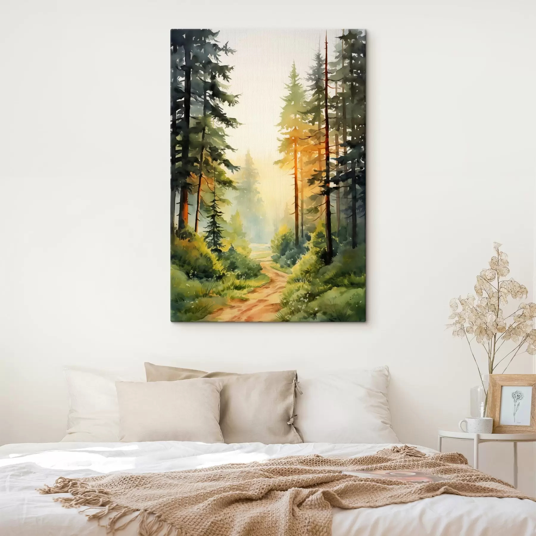 Fotobehang Prachtig aquarelbos met pijnbomen en zacht zonlicht s41637