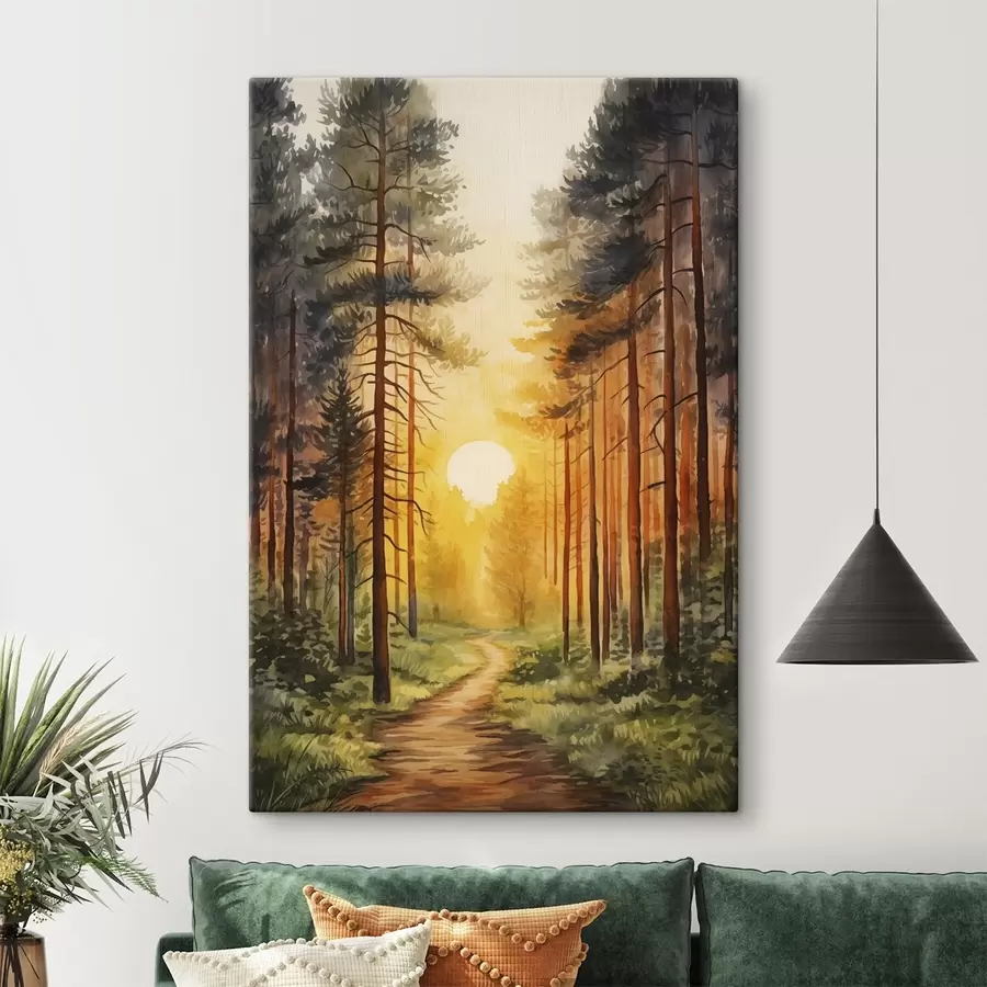  Peintures Coucher de soleil dans la forêt de pins, aquarelle, beauté de la nature s41638