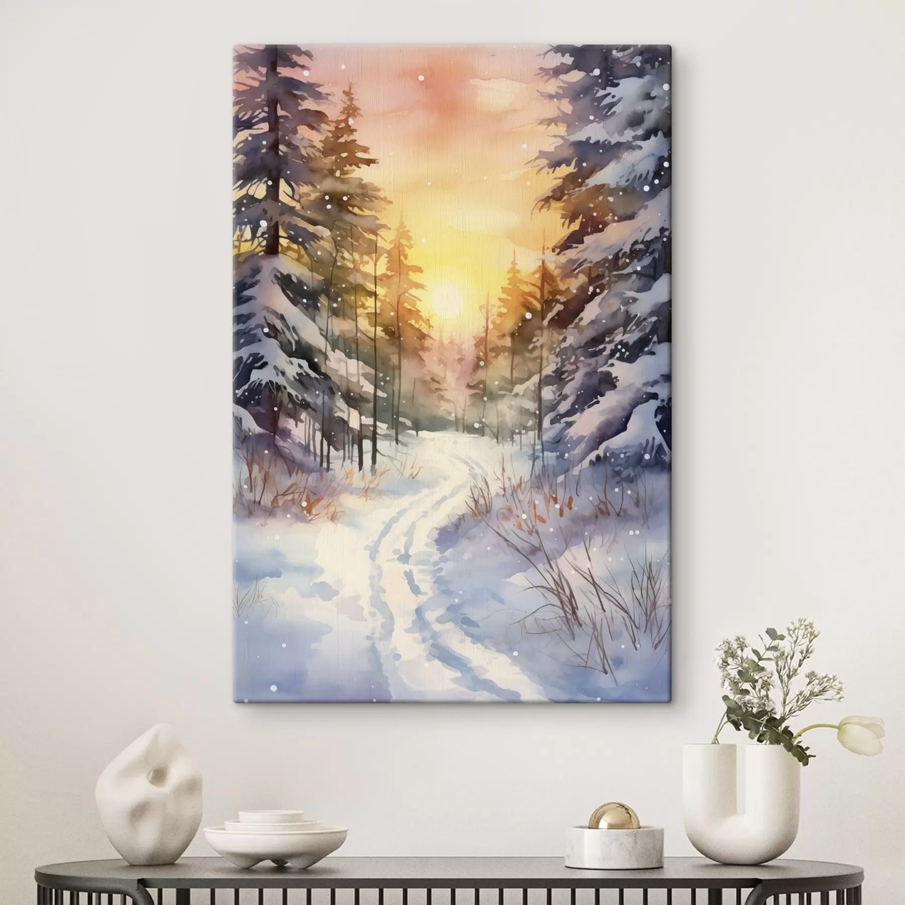 Fotobehang Aquarel winterbos, sneeuwvlokken, mooie lucht, zonsondergang s41640