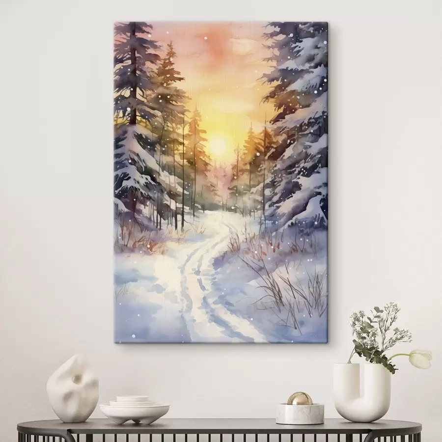  Peintures Aquarelle forêt d'hiver, flocons de neige, beau ciel, coucher de soleil s41640