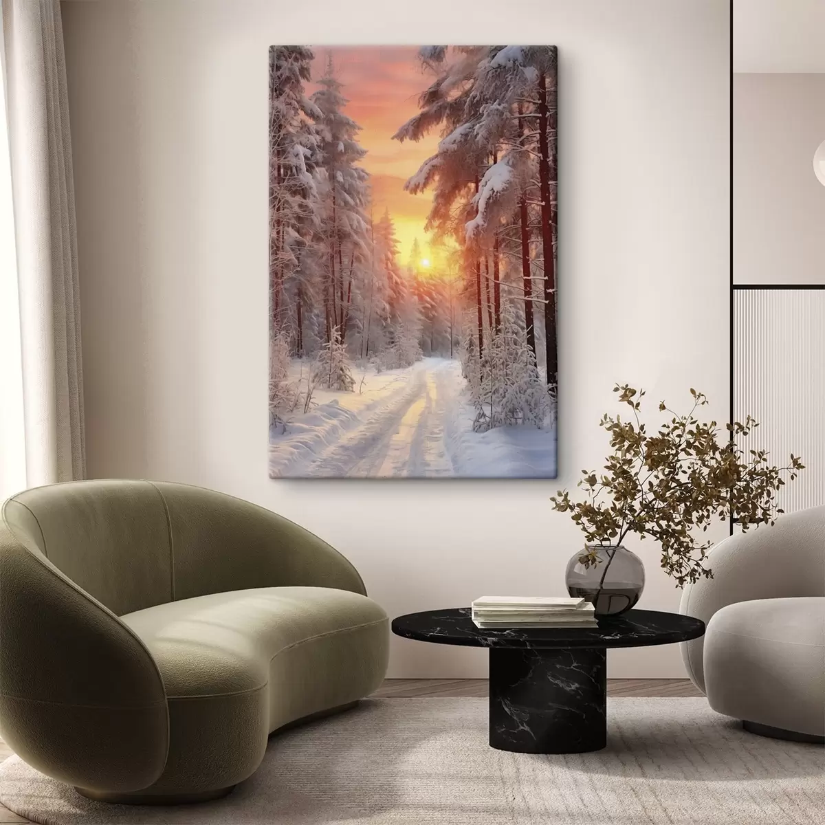  Schilderijen Een pad in het winterse bos, sneeuw, dennenbomen, kleuren van zonsondergang s41639