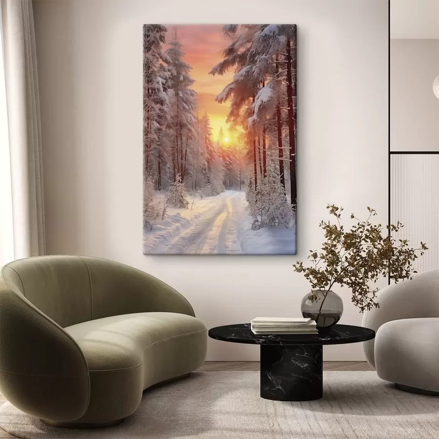  Schilderijen Een pad in het winterse bos, sneeuw, dennenbomen, kleuren van zonsondergang s41639