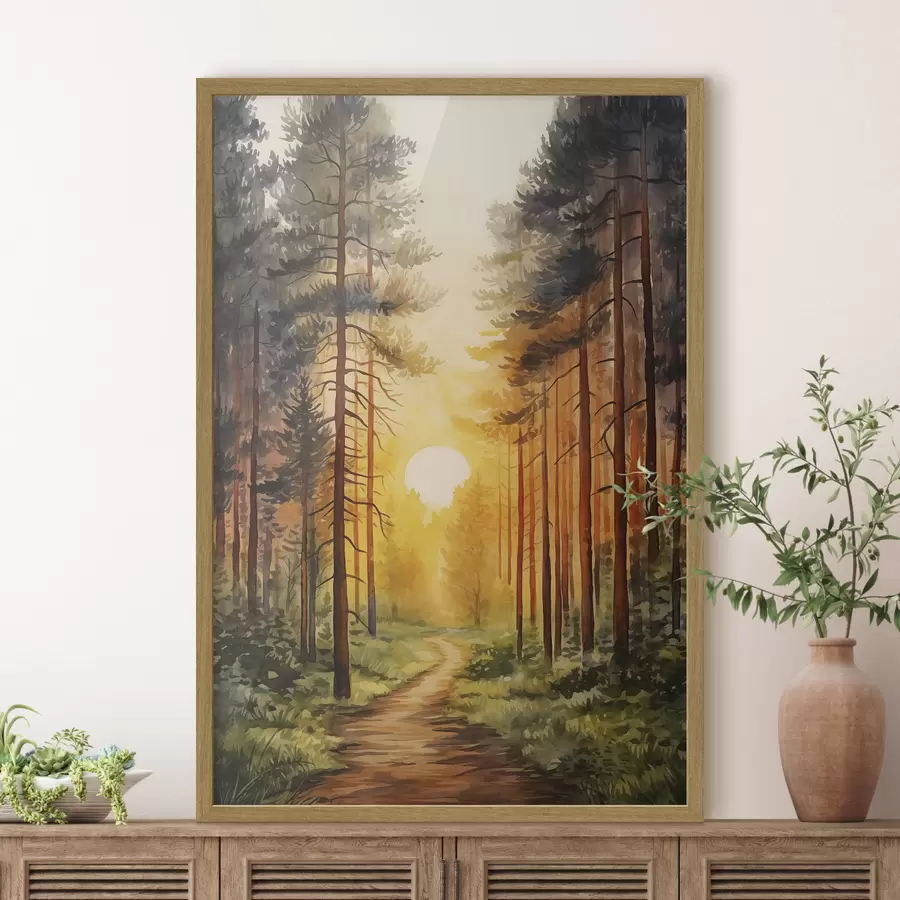 Papier peint photo Coucher de soleil dans la forêt de pins, aquarelle, beauté de la nature f41638