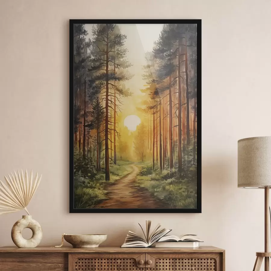 Fotobehang Zonsondergang in het dennenbos, aquarel, natuurschoon f41638