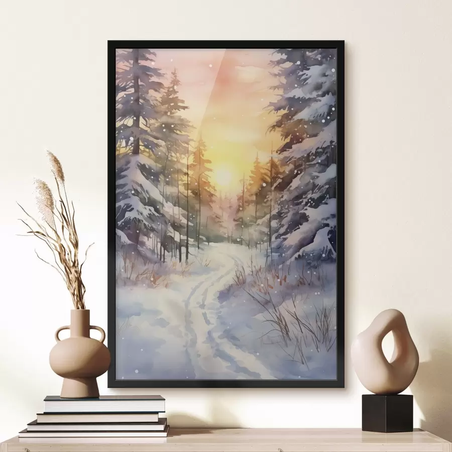 Fotobehang Aquarel winterbos, sneeuwvlokken, mooie lucht, zonsondergang f41640