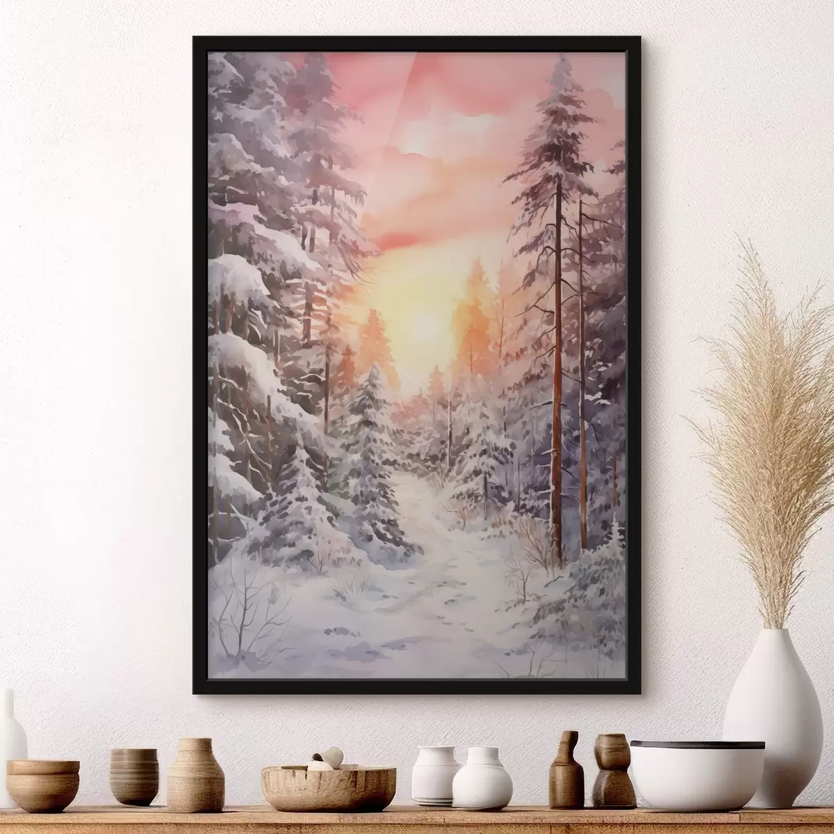 Affiche Belle hiver, aquarelle forêt, enneigée, arbres, ciel rose, coucher de soleil f41641