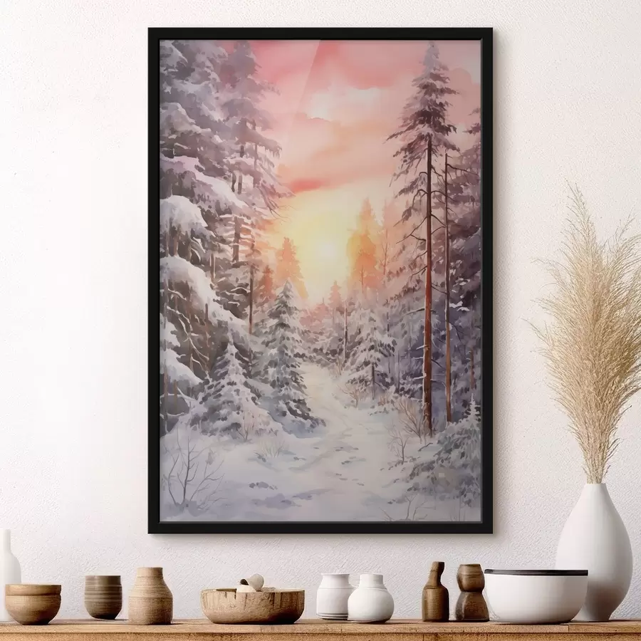 Fotobehang Mooie winter, aquarel bos, besneeuwd, bomen, roze lucht, zonsondergang f41641