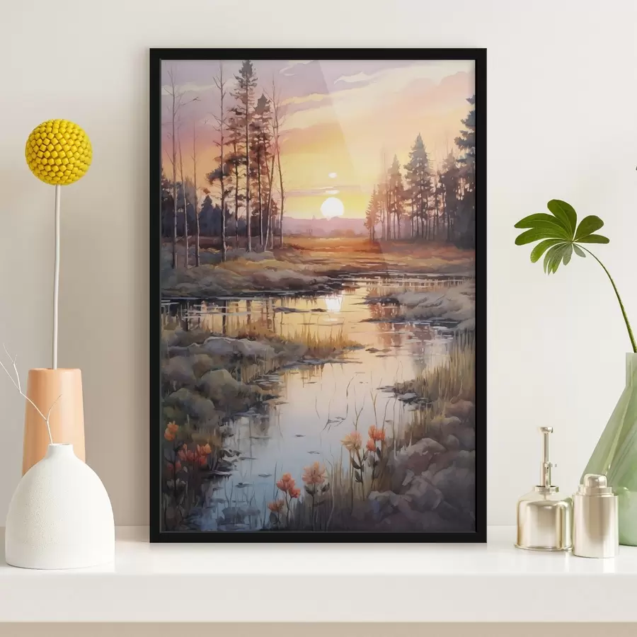 Fotobehang Mooie rivier in het herfstbos, aquarel, weide, zonsondergang lucht f41643