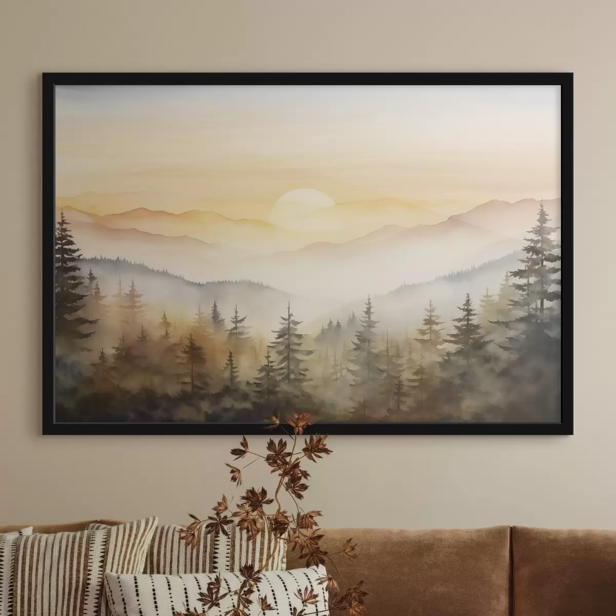 Affiche Aquarelle, paysage de montagnes d'automne, forêt de pins, coucher de soleil f41645