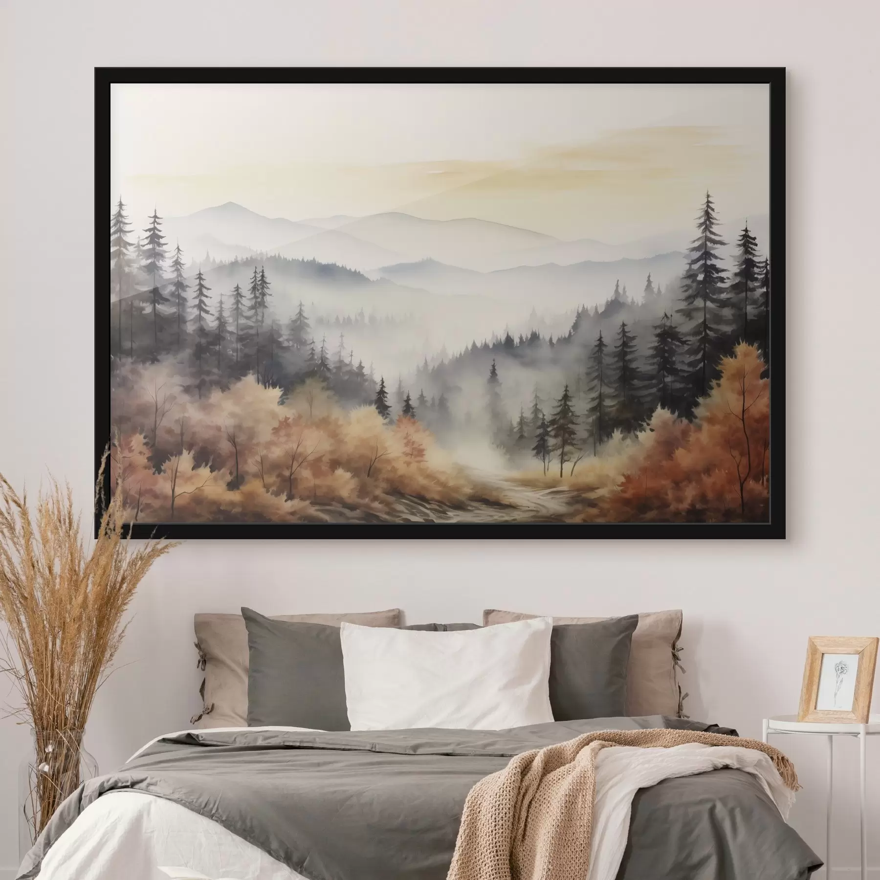 Fotobehang Mooie mistige bergen, herfstbos, aquarel f41646