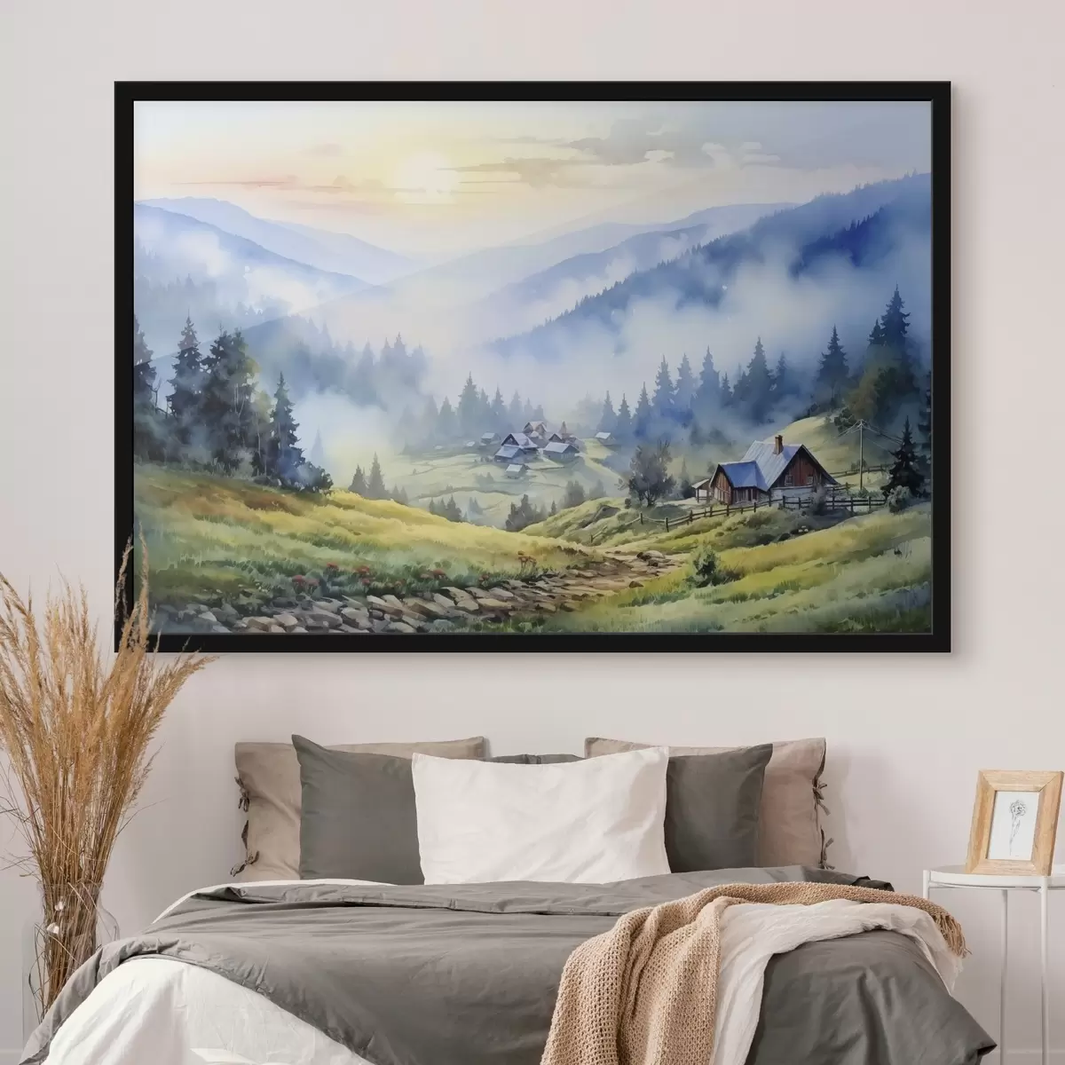 Poster Karpaten dorp in de mistige bergen, bos, aquarel f41648