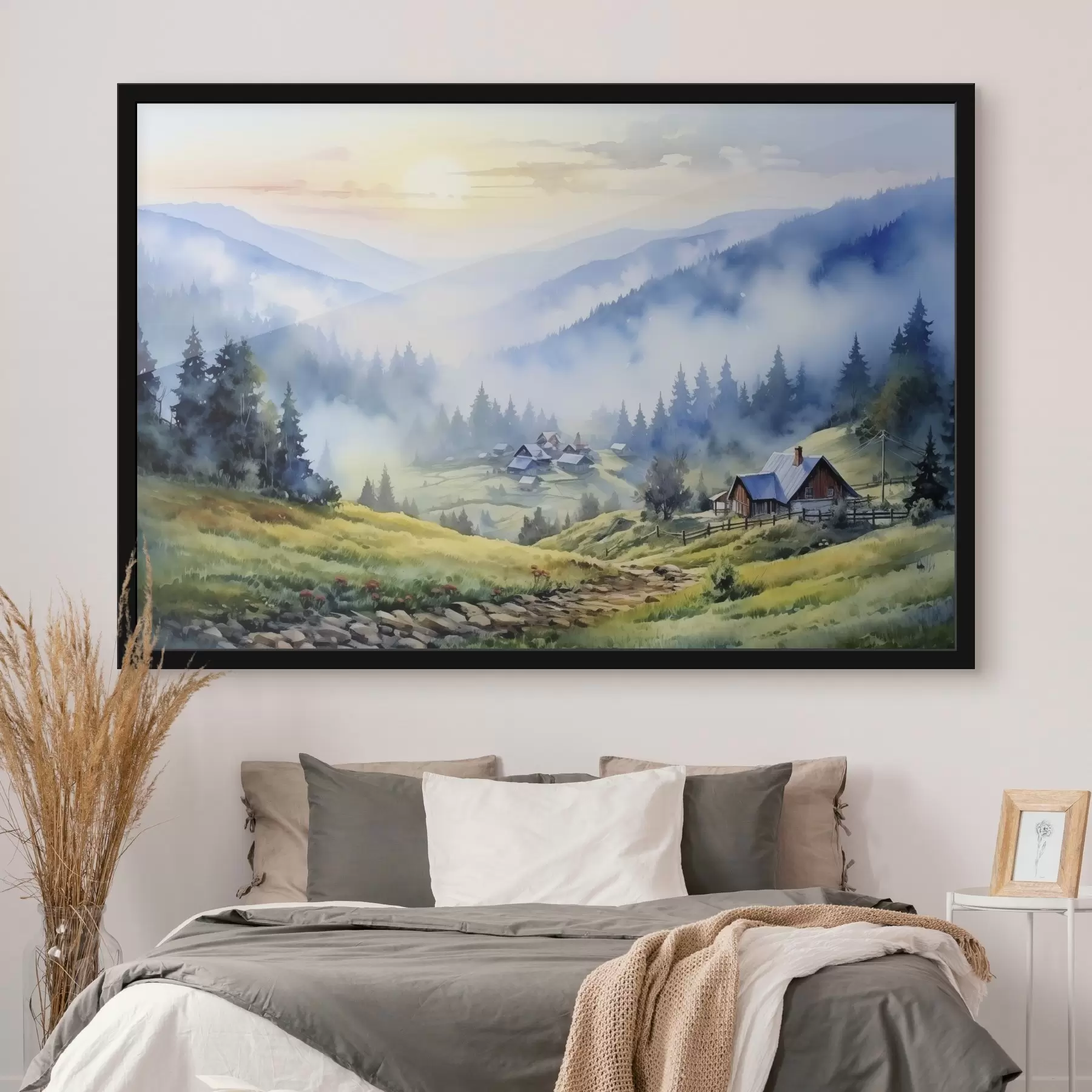 Papier peint photo Village des Carpates dans les montagnes brumeuses, forêt, aquarelle f41648