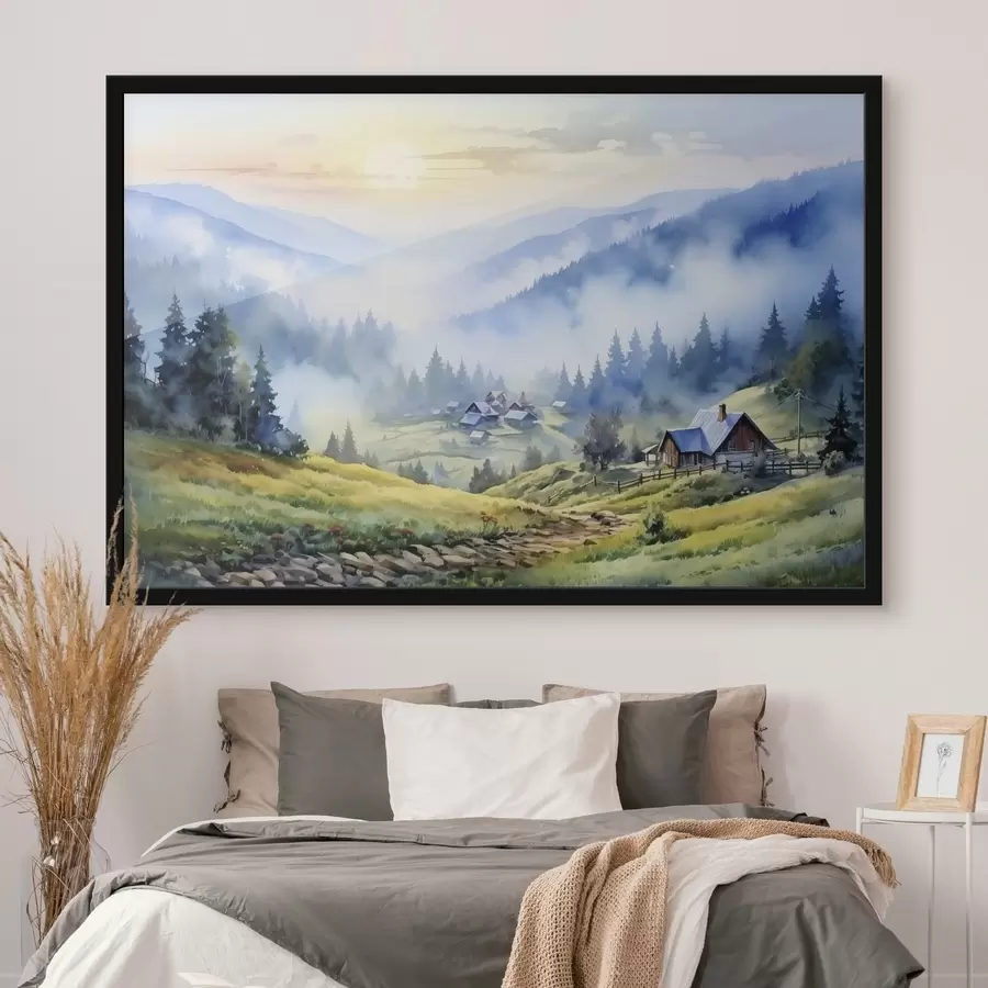 Fotobehang Karpaten dorp in de mistige bergen, bos, aquarel f41648