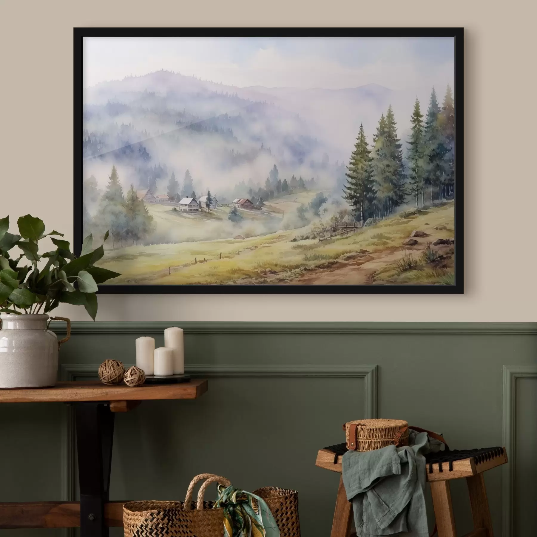 Papier peint photo Belles montagnes, paysages forestiers brumeux, aquarelle, village f41649