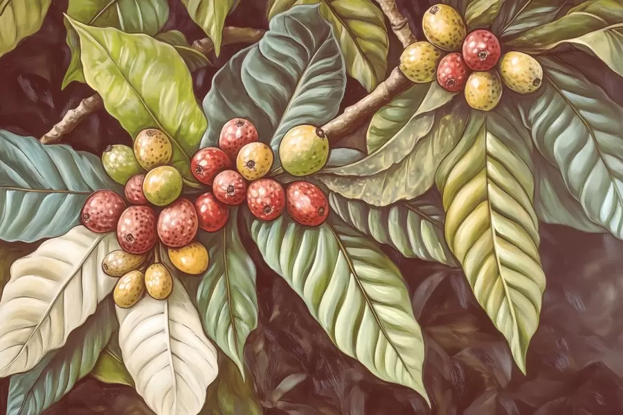 Papier peint photo Branches de caféiers avec fruits et éléments tropicaux w02209